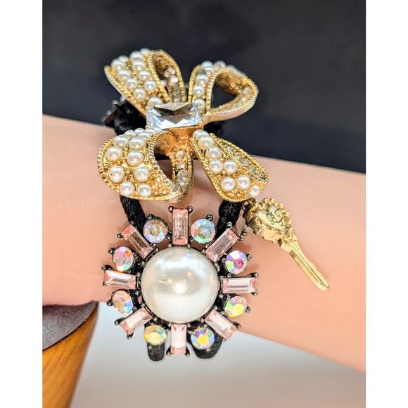 Betsey Johnson Faux Pearl Rhinestone Embellished Bow Hinged Cuff Bracelet - Picture 3 of 7